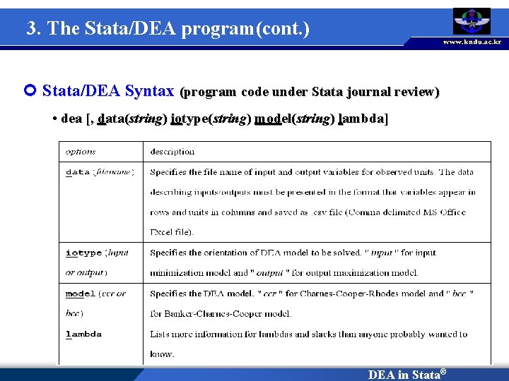 3. The Stata/DEA program(cont. ) ¢ Stata/DEA Syntax (program code under Stata journal review)