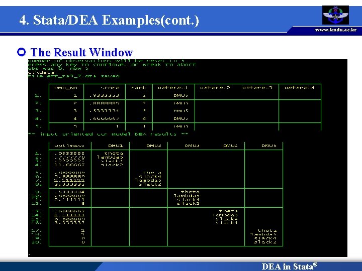 4. Stata/DEA Examples(cont. ) ¢ The Result Window DEA in Stata® 