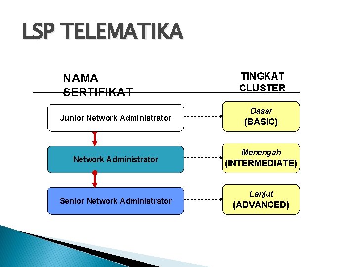 LSP TELEMATIKA NAMA SERTIFIKAT Junior Network Administrator Senior Network Administrator TINGKAT CLUSTER Dasar (BASIC)