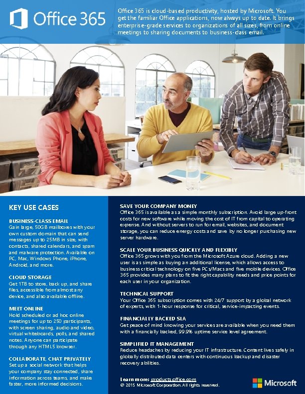 Office 365 is cloud-based productivity, hosted by Microsoft. You get the familiar Office applications,