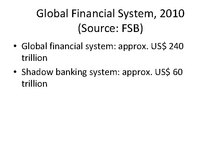 Global Financial System, 2010 (Source: FSB) • Global financial system: approx. US$ 240 trillion