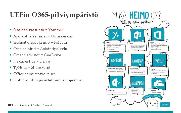 UEFin O 365 -pilviympäristö • Sisäinen viestintä = Yammer • Ajankohtaiset asiat = Uutiskeskus