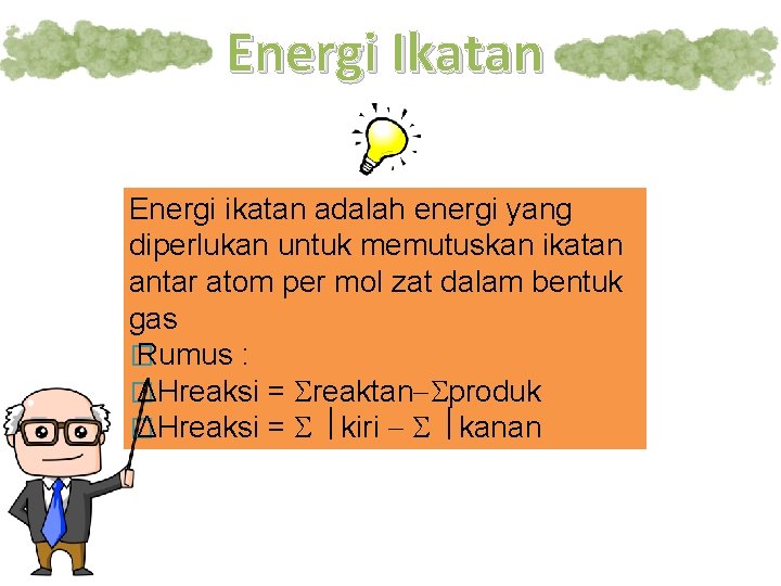 Energi Ikatan Energi ikatan adalah energi yang diperlukan untuk memutuskan ikatan antar atom per