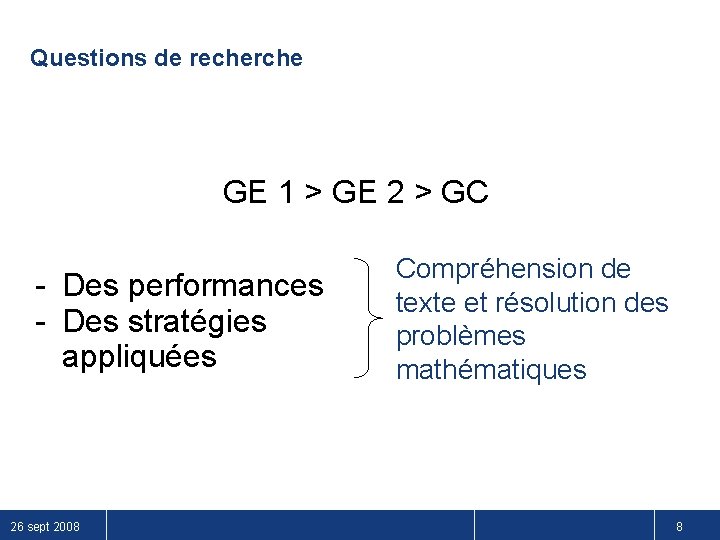 Questions de recherche GE 1 > GE 2 > GC - Des performances -