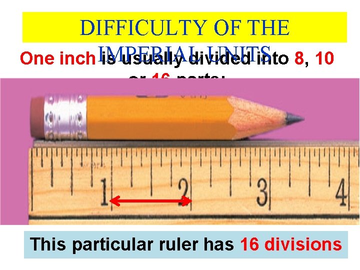 DIFFICULTY OF THE UNITS One inch IMPERIAL is usually divided into 8, 10 or