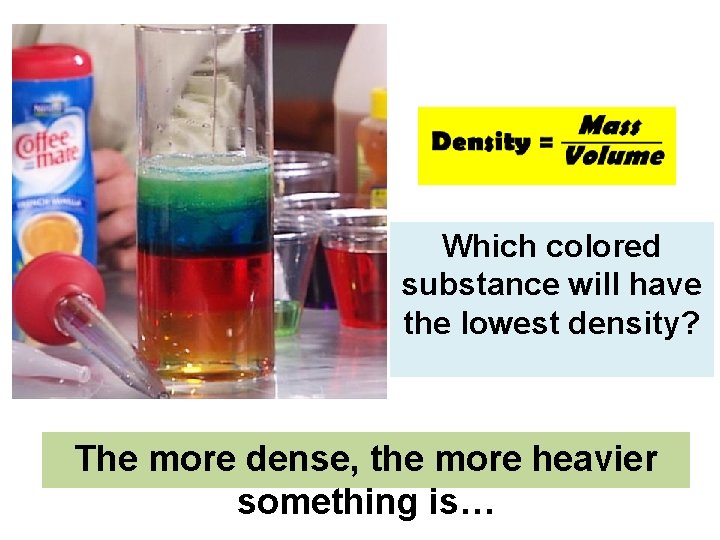 Which colored substance will have the lowest density? The more dense, the more heavier