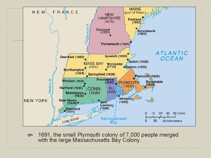  1691, the small Plymouth colony of 7, 000 people merged with the large