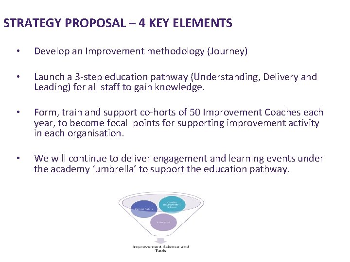 STRATEGY PROPOSAL – 4 KEY ELEMENTS • Develop an Improvement methodology (Journey) • Launch