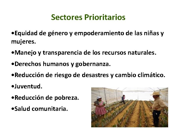 Sectores Prioritarios • Equidad de género y empoderamiento de las niñas y mujeres. •