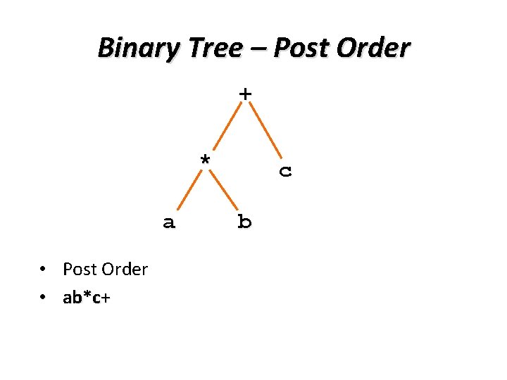 Binary Tree – Post Order + * a • Post Order • ab*c+ c