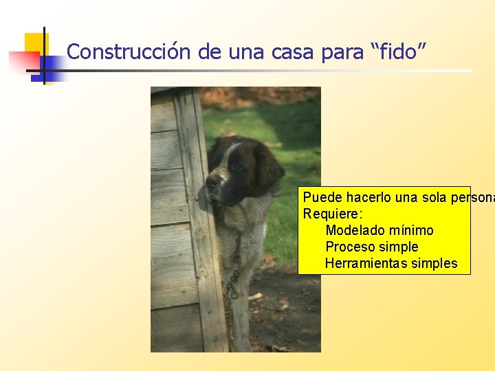 Construcción de una casa para “fido” Puede hacerlo una sola persona Requiere: Modelado mínimo