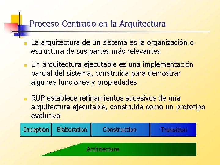 Proceso Centrado en la Arquitectura n n n La arquitectura de un sistema es