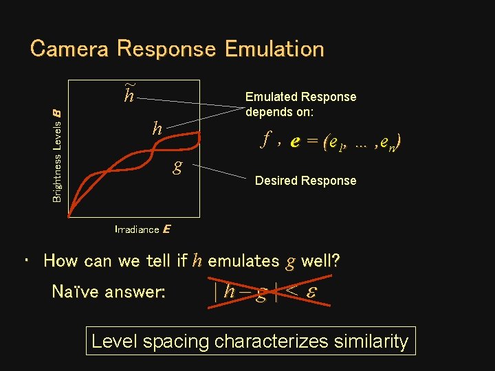 Camera Response Emulation Brightness Levels B ~ h Emulated Response depends on: h g Camera Response Emulation Brightness Levels B ~ h Emulated Response depends on: h g