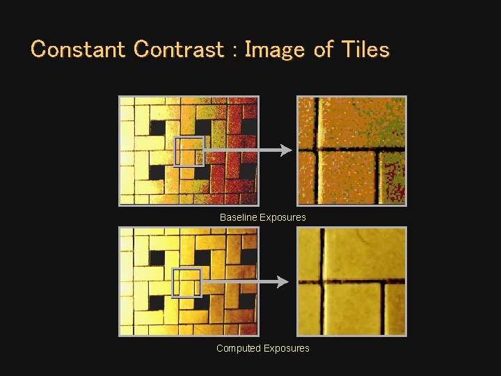 Constant Contrast : Image of Tiles Baseline Exposures Computed Exposures Constant Contrast : Image of Tiles Baseline Exposures Computed Exposures
