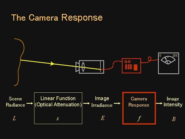 The Camera Response 0 255 Scene Radiance Linear Function (Optical Attenuation) Image Irradiance Camera The Camera Response 0 255 Scene Radiance Linear Function (Optical Attenuation) Image Irradiance Camera