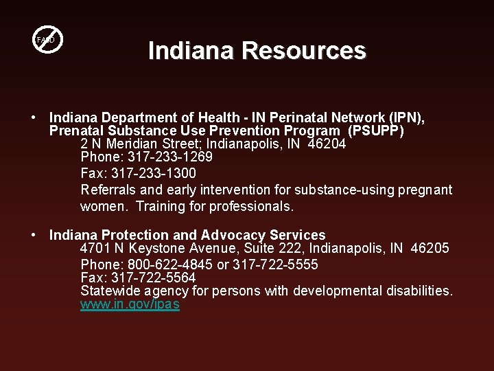 FASD Indiana Resources • Indiana Department of Health - IN Perinatal Network (IPN), Prenatal