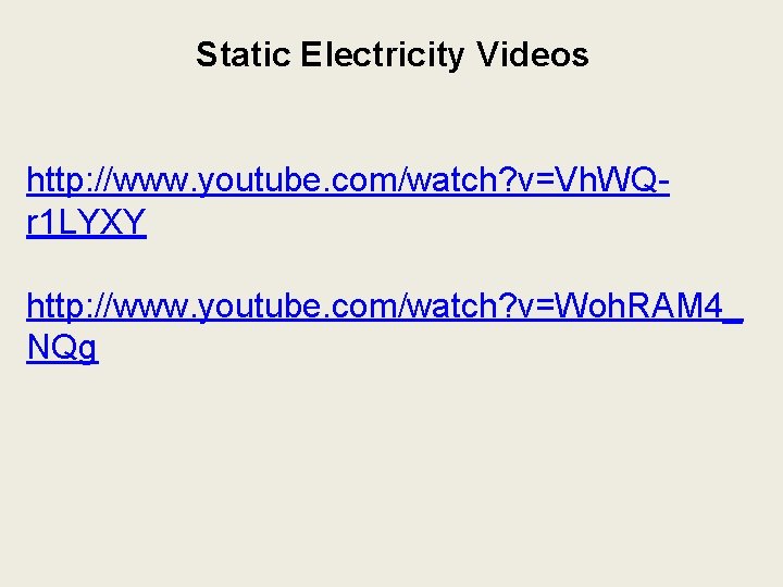 Static Electricity Videos http: //www. youtube. com/watch? v=Vh. WQr 1 LYXY http: //www. youtube.