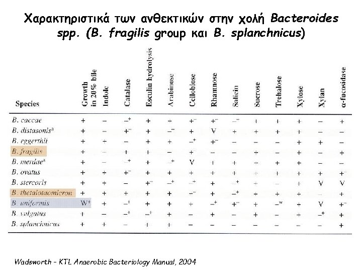 Χαρακτηριστικά των ανθεκτικών στην χολή Bacteroides spp. (B. fragilis group και B. splanchnicus) Wadsworth