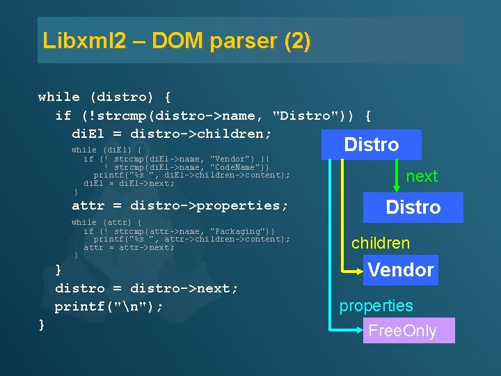 Libxml 2 – DOM parser (2) while (distro) { if (!strcmp(distro->name, "Distro")) { di.