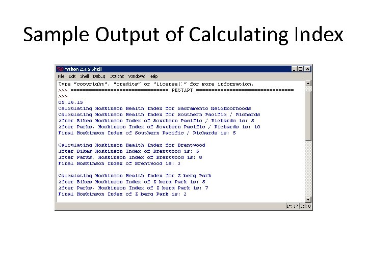 Sample Output of Calculating Index 