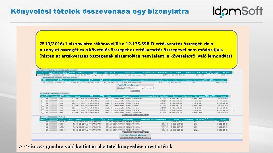 Könyvelési tételek összevonása egy bizonylatra 7510/2016/1 bizonylatra rákönyveljük a 12. 175. 898 Ft értékvesztés