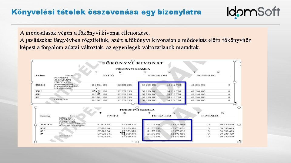 Könyvelési tételek összevonása egy bizonylatra A módosítások végén a főkönyvi kivonat ellenőrzése. A javításokat