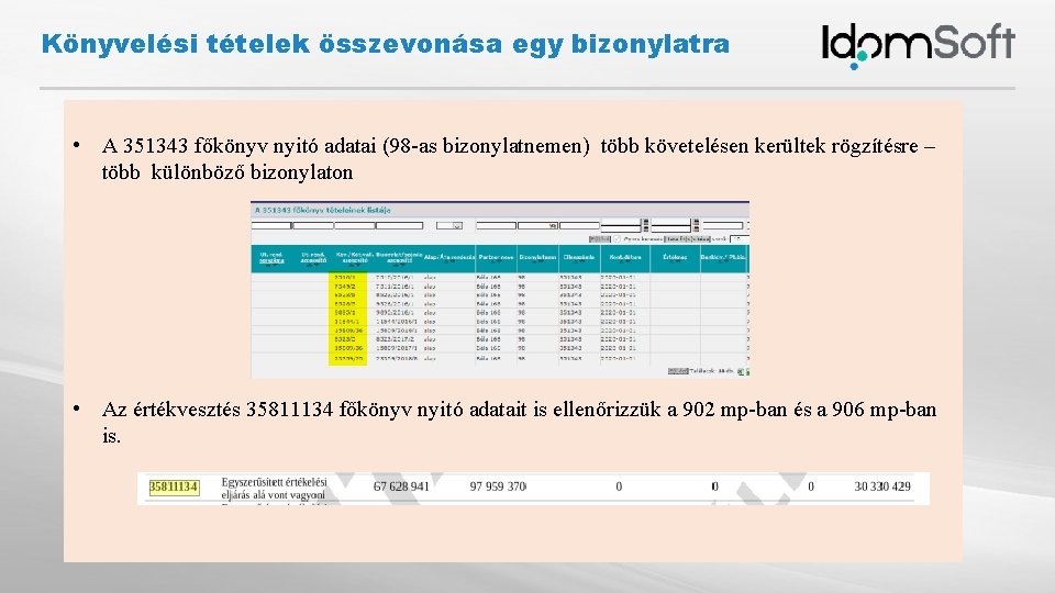 Könyvelési tételek összevonása egy bizonylatra • A 351343 főkönyv nyitó adatai (98 -as bizonylatnemen)