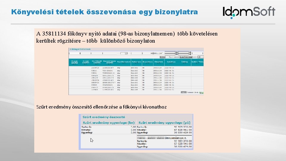 Könyvelési tételek összevonása egy bizonylatra A 35811134 főkönyv nyitó adatai (98 -as bizonylatnemen) több