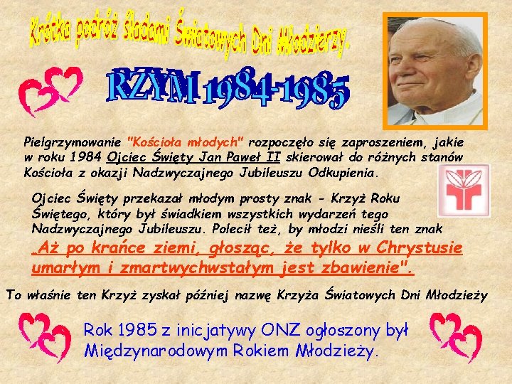 Pielgrzymowanie "Kościoła młodych" rozpoczęło się zaproszeniem, jakie w roku 1984 Ojciec Święty Jan Paweł