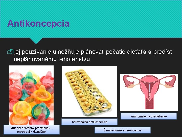 Antikoncepcia jej používanie umožňuje plánovať počatie dieťaťa a predísť neplánovanému tehotenstvu vnútromaternicové teliesko hormonálna