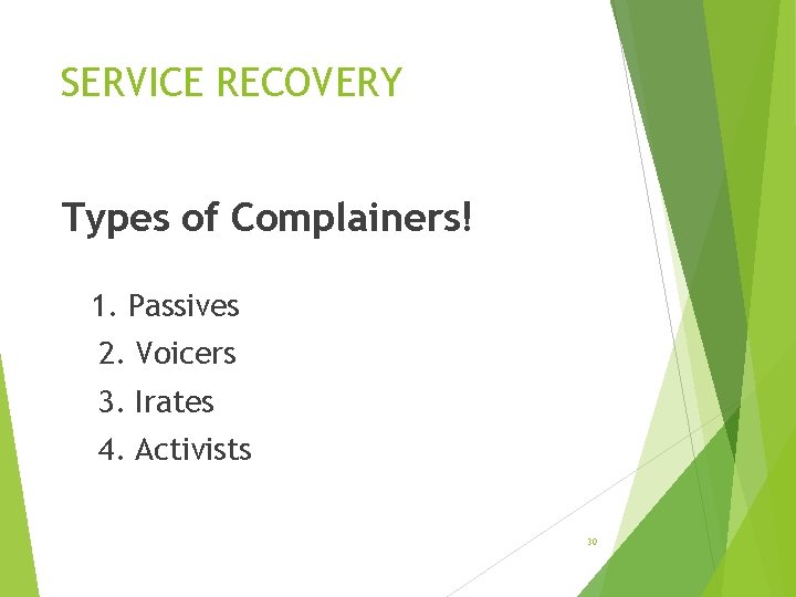 SERVICE RECOVERY Types of Complainers! 1. Passives 2. Voicers 3. Irates 4. Activists 30