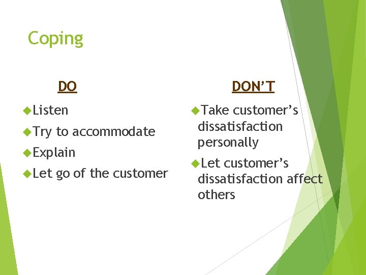 Coping DO Listen Try to accommodate Explain Let go of the customer DON’T Take