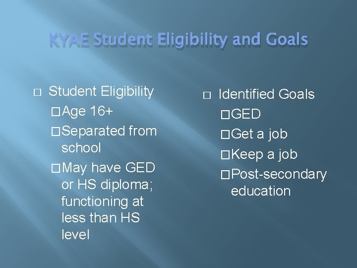 KYAE Student Eligibility and Goals � Student Eligibility �Age 16+ �Separated from school �May