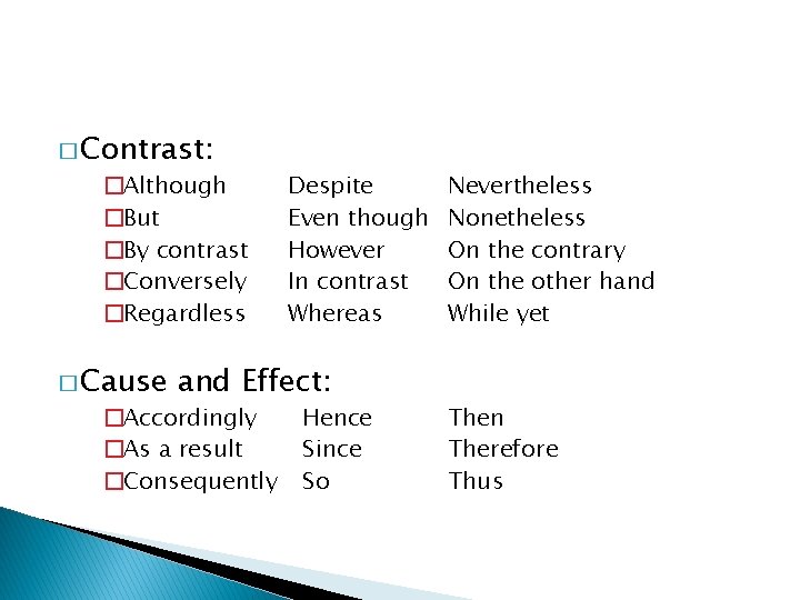 � Contrast: �Although �But �By contrast �Conversely �Regardless � Cause Despite Even though However