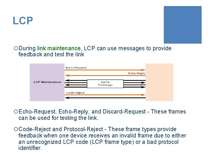 LCP ¡During link maintenance, LCP can use messages to provide feedback and test the