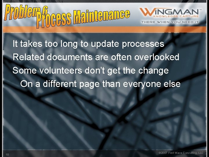 It takes too long to update processes Related documents are often overlooked Some volunteers