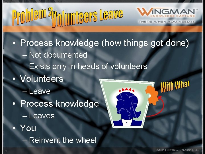  • Process knowledge (how things got done) – Not documented – Exists only