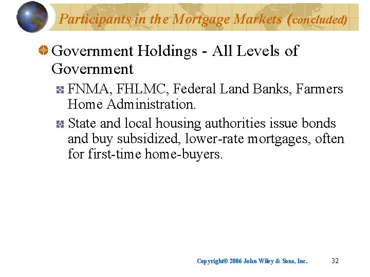 Participants in the Mortgage Markets (concluded) Government Holdings - All Levels of Government FNMA,