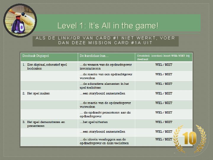 Level 1: It’s All in the game! ALS DE LINK/QR VAN CARD #1 NIET