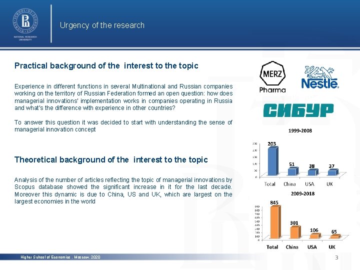 Urgency of the research Practical background of the interest to the topic Experience in
