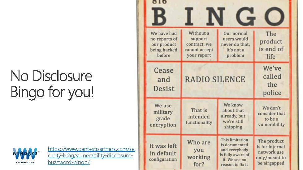 https: //www. pentestpartners. com/se curity-blog/vulnerability-disclosurebuzzword-bingo/ 