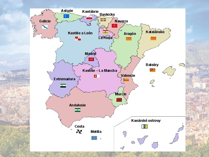 Asturie Kantábrie Baskicko Navarra Galicie Kastilie a León Aragón Katalánsko La Rioja Madrid Baleáry