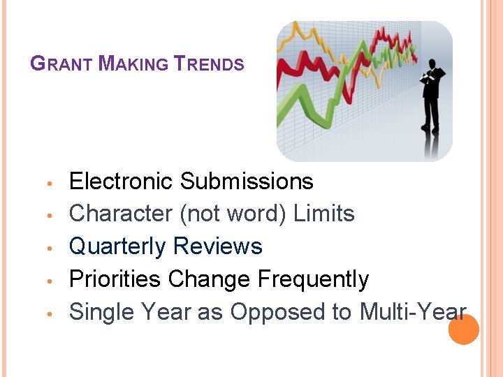 GRANT MAKING TRENDS • • • Electronic Submissions Character (not word) Limits Quarterly Reviews