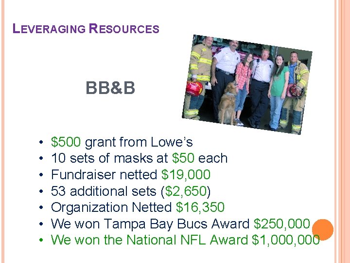 LEVERAGING RESOURCES BB&B • • $500 grant from Lowe’s 10 sets of masks at