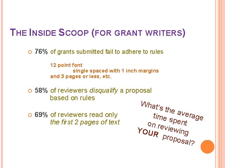 THE INSIDE SCOOP (FOR GRANT WRITERS) 76% of grants submitted fail to adhere to