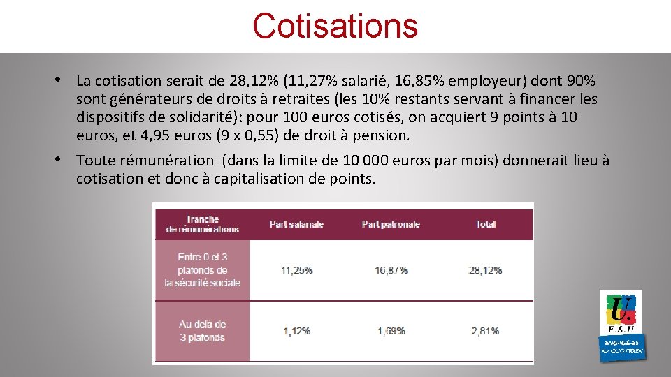 Cotisations • La cotisation serait de 28, 12% (11, 27% salarié, 16, 85% employeur) Cotisations • La cotisation serait de 28, 12% (11, 27% salarié, 16, 85% employeur)
