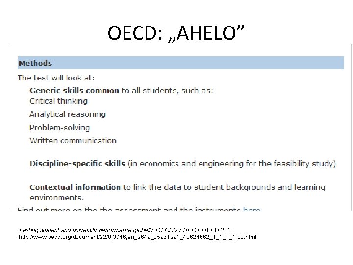 OECD: „AHELO” Testing student and university performance globally: OECD’s AHELO, OECD 2010 http: //www.