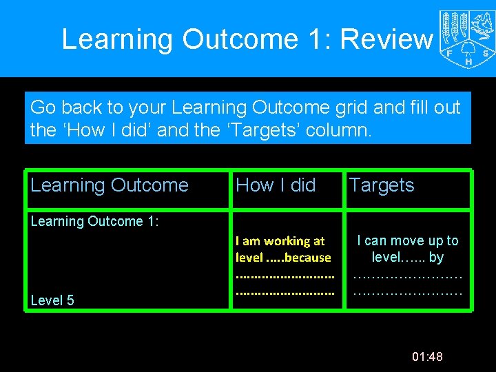 Learning Outcome 1: Review Go back to your Learning Outcome grid and fill out