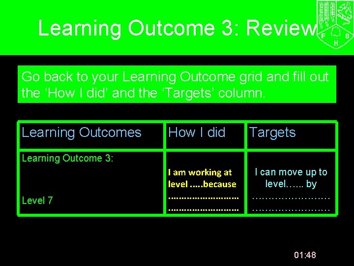 Learning Outcome 3: Review Go back to your Learning Outcome grid and fill out