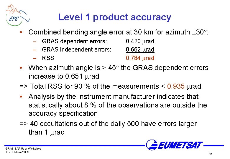 Level 1 product accuracy • Combined bending angle error at 30 km for azimuth